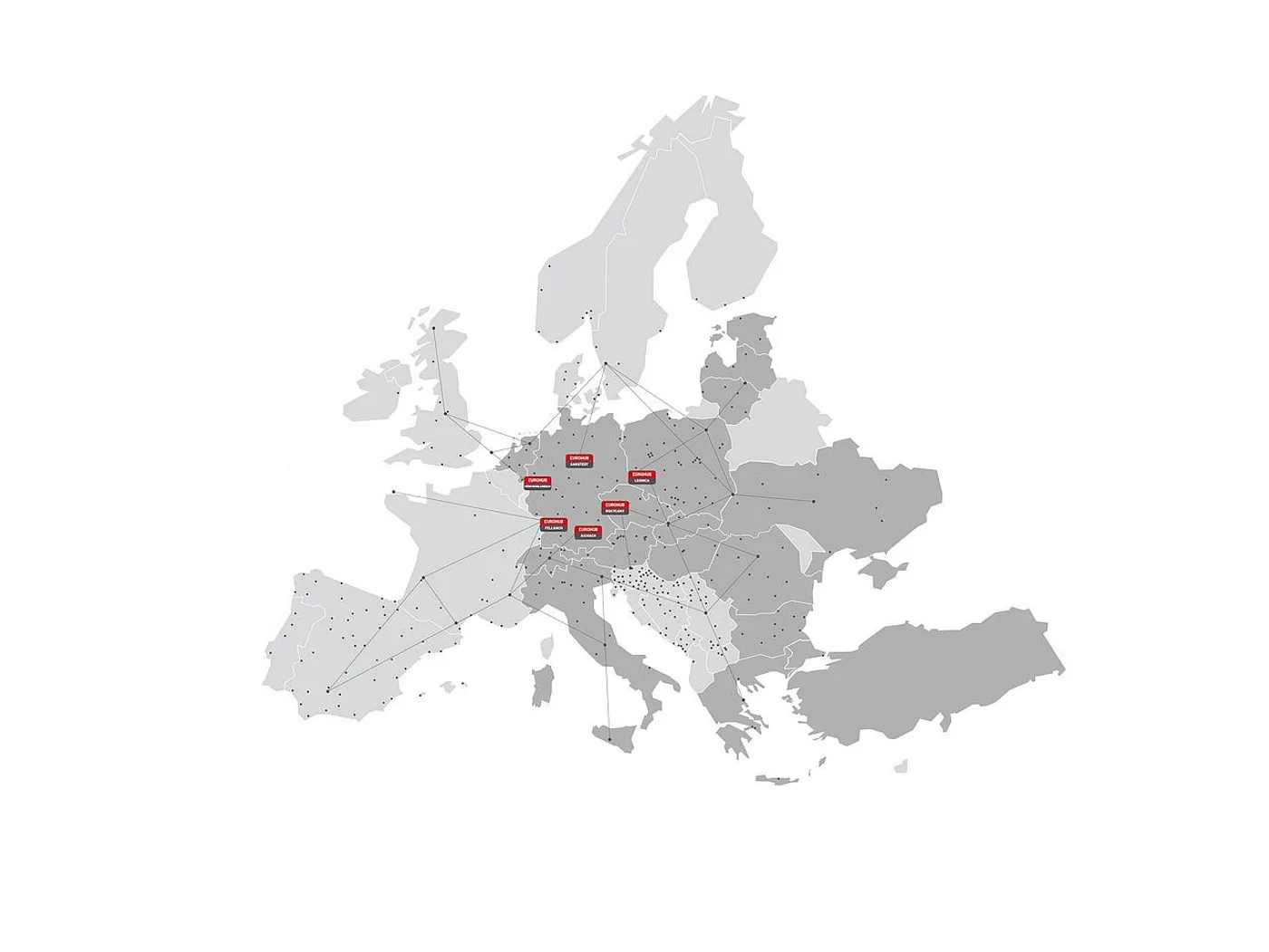 Map of Europe with the 6 Eurohub Raben depots