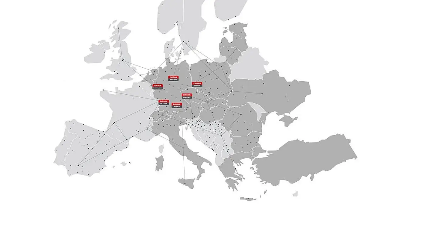 Map of Europe with the 6 Eurohub Raben depots