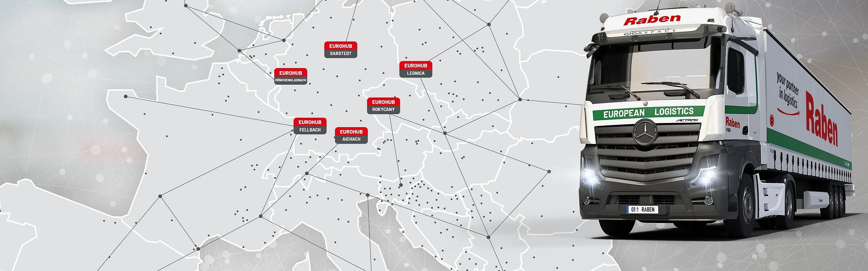 Eurohub Raben Transport International Map of Europe with the 6 Eurohub depots