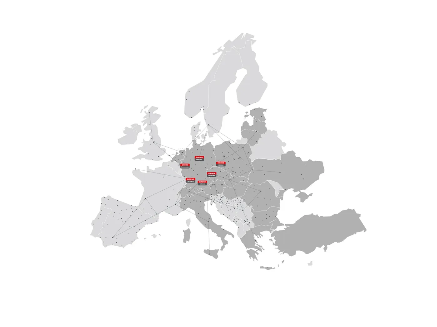 Map of Europe with the 6 Eurohub Raben depots