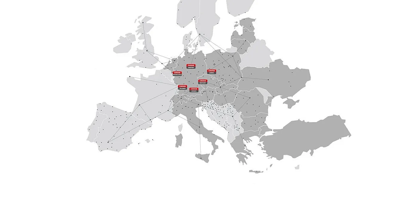 Map of Europe with the 6 Eurohub Raben depots