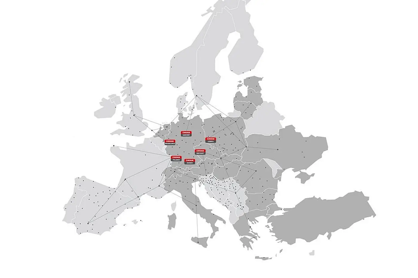 Map of Europe with the 6 Eurohub Raben depots