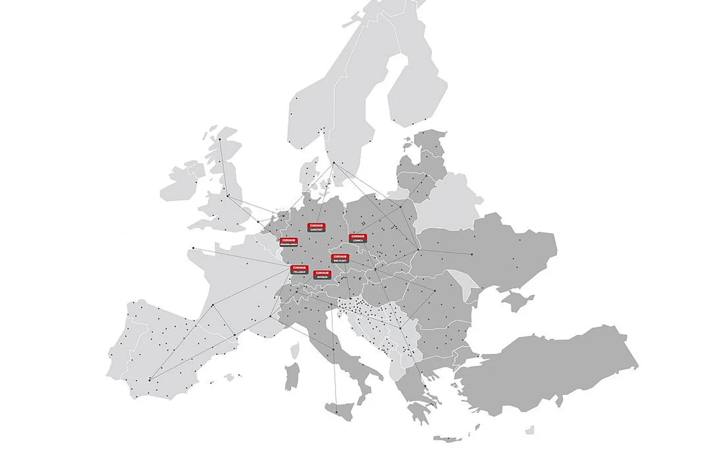 Map of Europe with the 6 Eurohub Raben depots