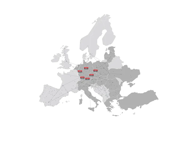 Map of Europe with the 6 Eurohub Raben depots