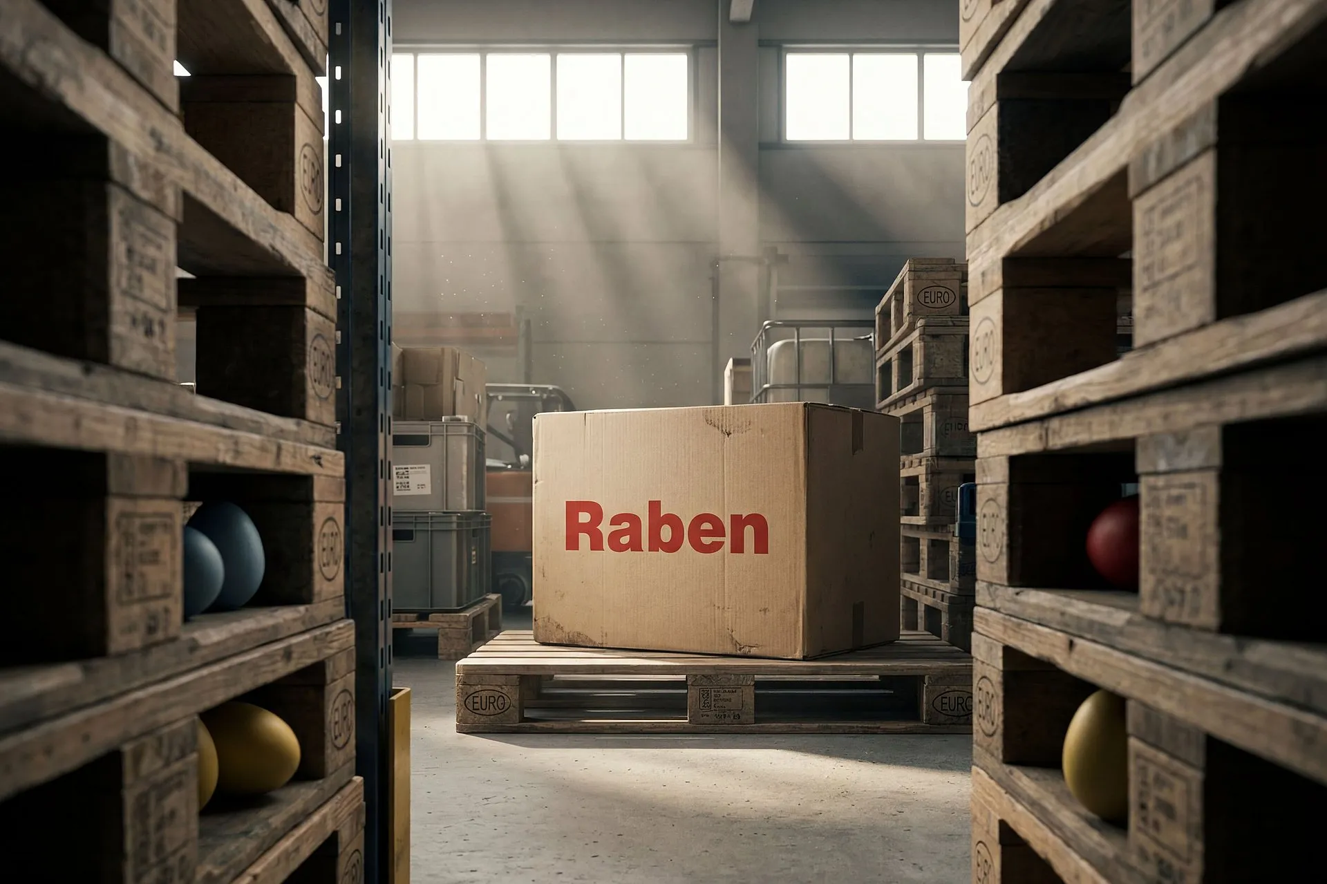 Viele versteckte Eier in einer Logistikhalle symbolisieren unübersichtliche Spediteur-Auswahl im Landverkehr.