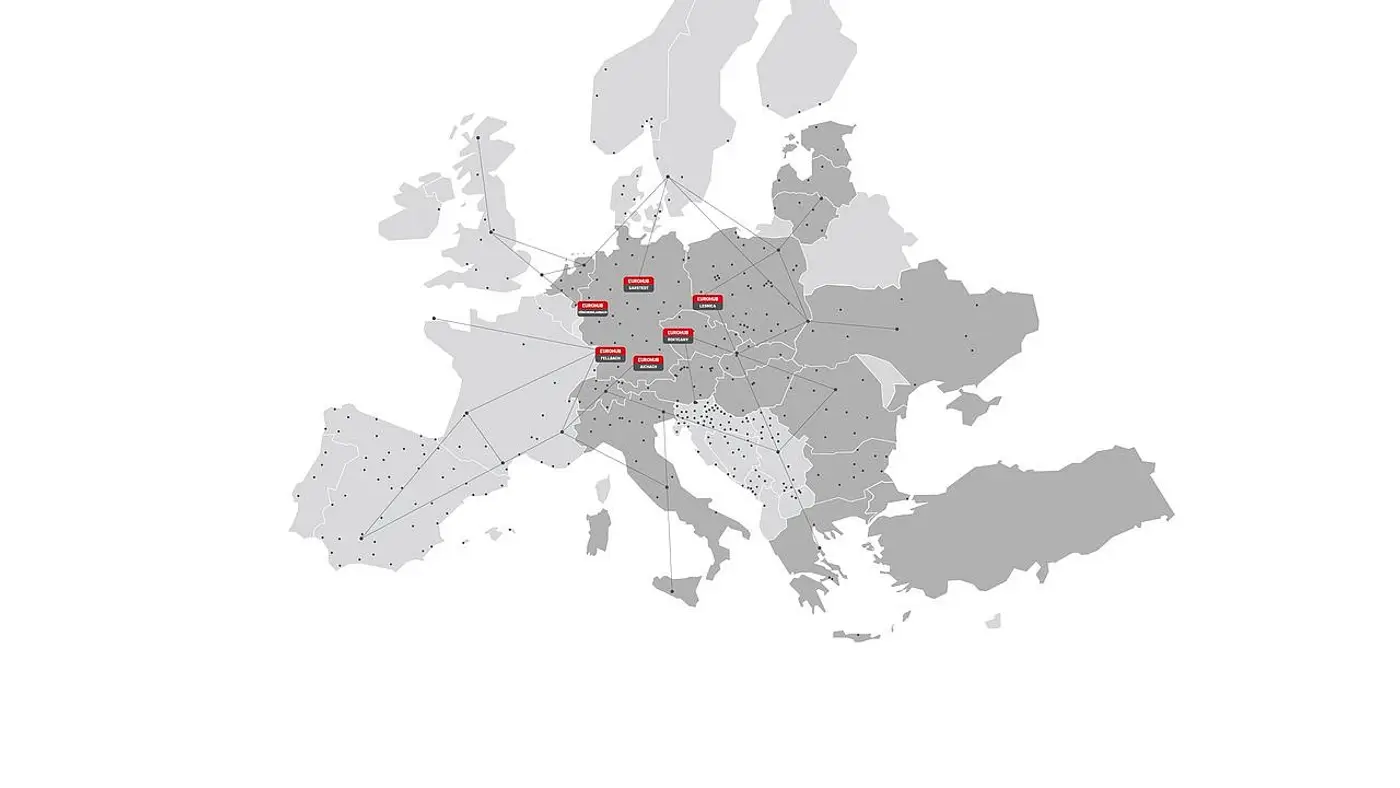 Map of Europe with the 6 Eurohub Raben depots