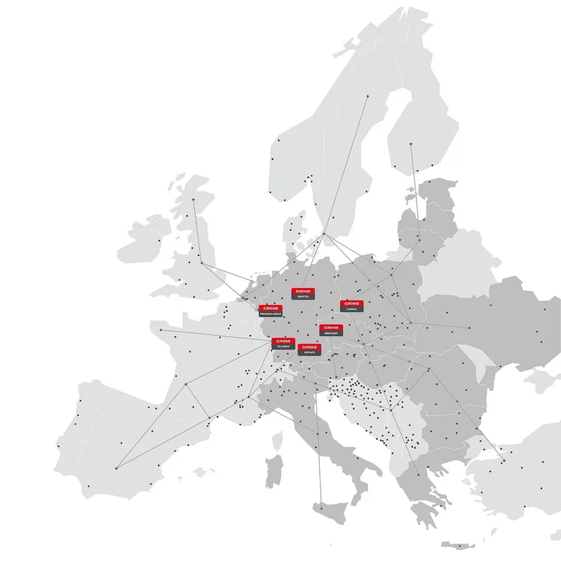 Map of Europe with the 6 Eurohub Raben depots