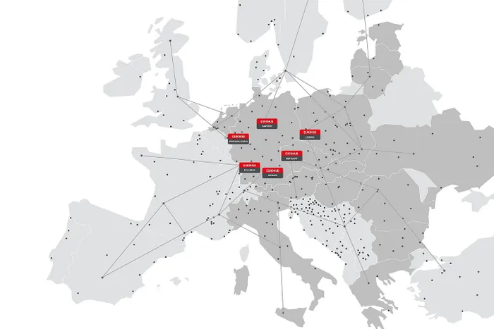 Map of Europe with the 6 Eurohub Raben depots