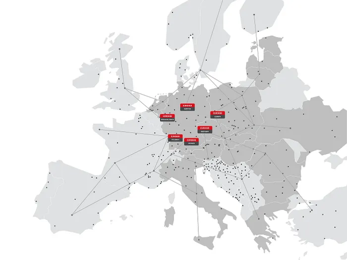 Map of Europe with the 6 Eurohub Raben depots